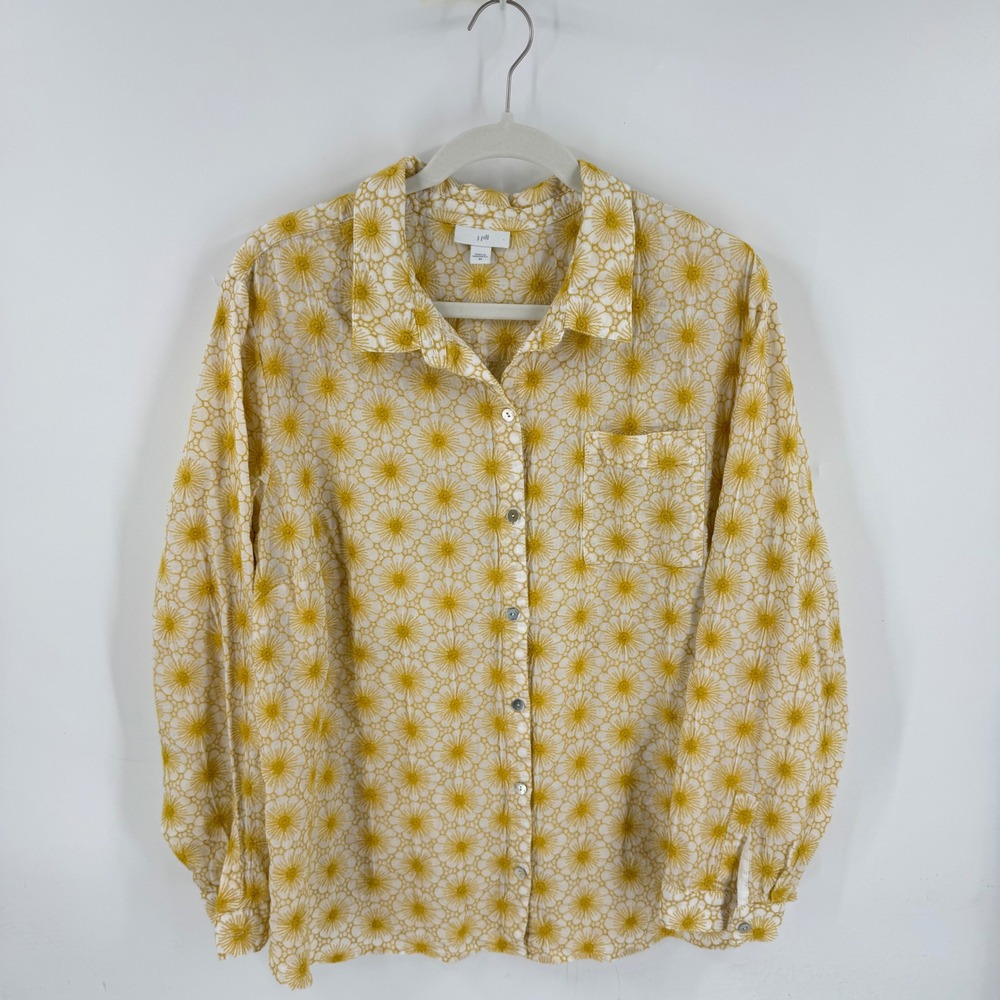 J. Jill Button Front Shirt Yellow 2X Floral Embroidered Cotton Blend Eyelet